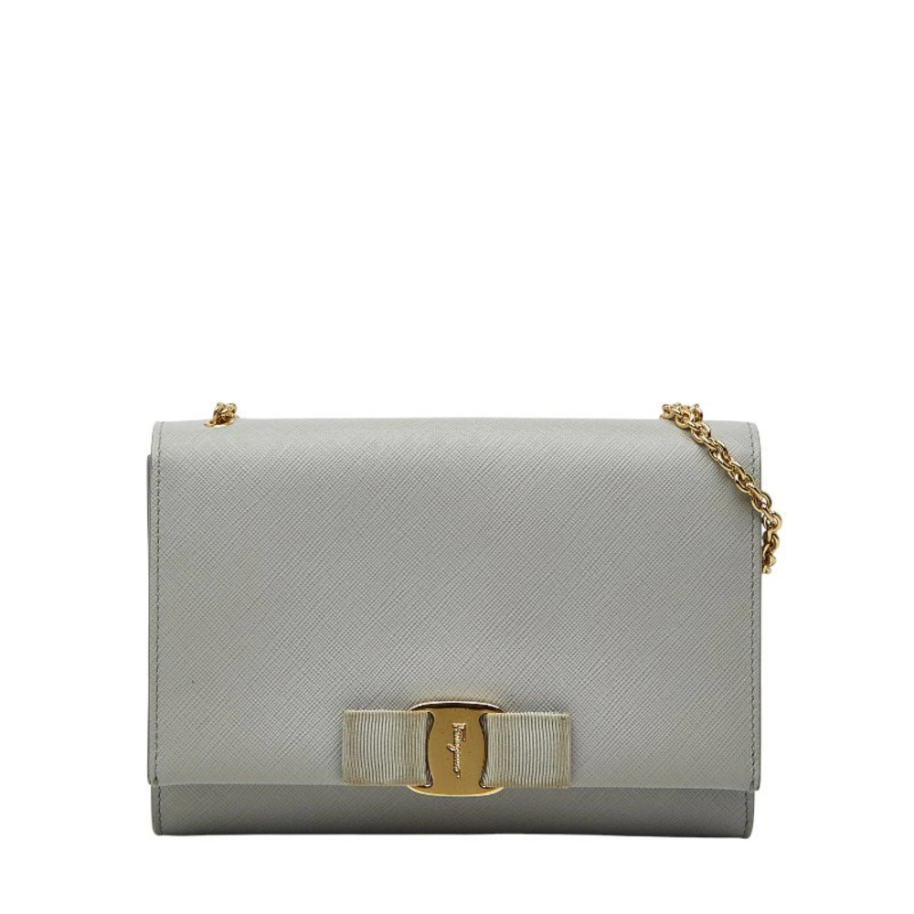 Salvatore Ferragamo Vara Ribbon Chain Shoulder Bag Gray Leather